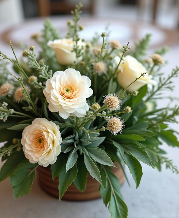 A close-up of a wedding centerpiece using sustainable, ocean-friendly foliage and non-invasive flowers.